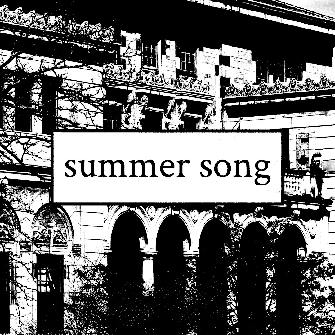 A button reading 'summer song' overlaid on an image of an ornate building in a photocopied style.