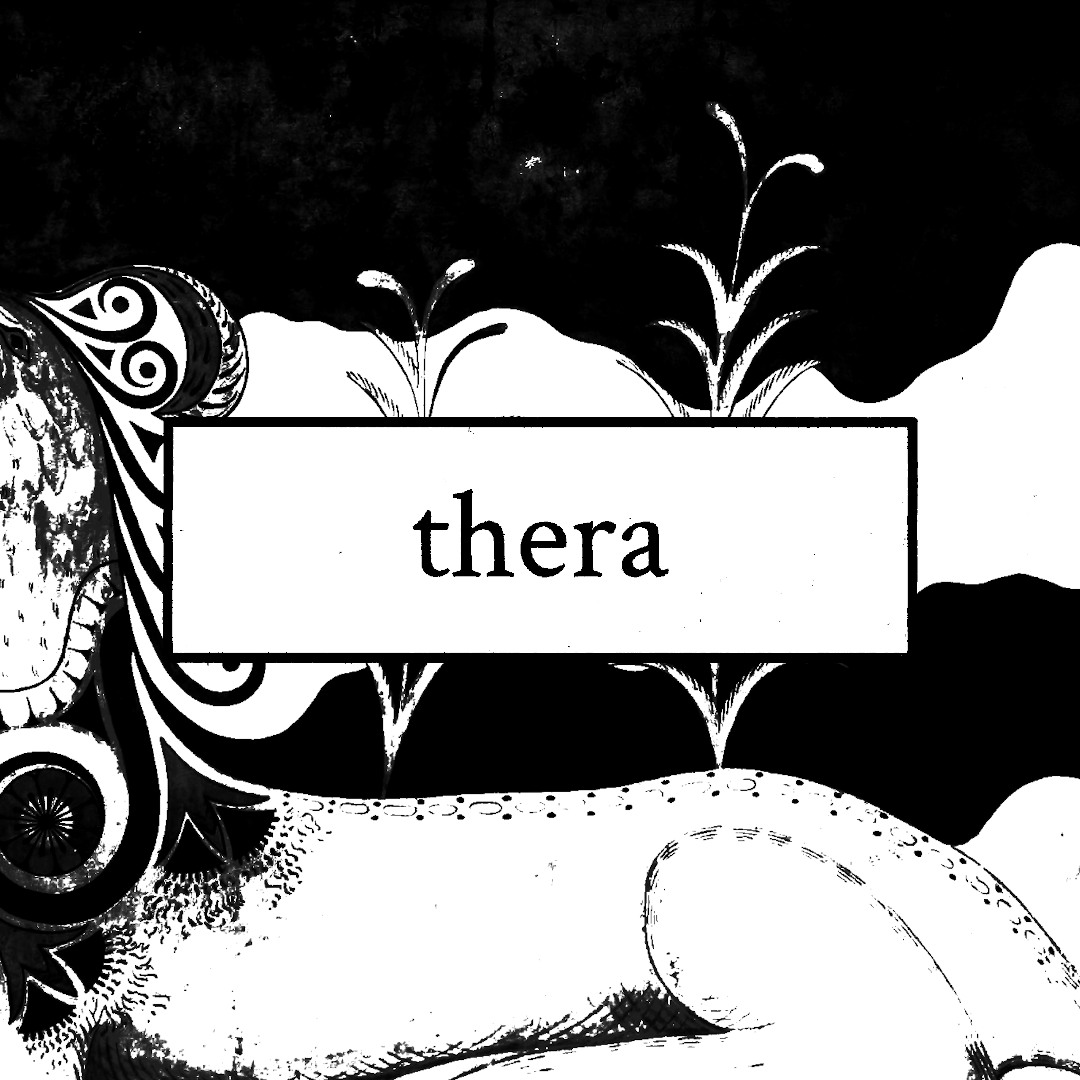 A button reading 'thera' overlaid on an image of the Griffin Fresco from Knossos in a photocopied style.